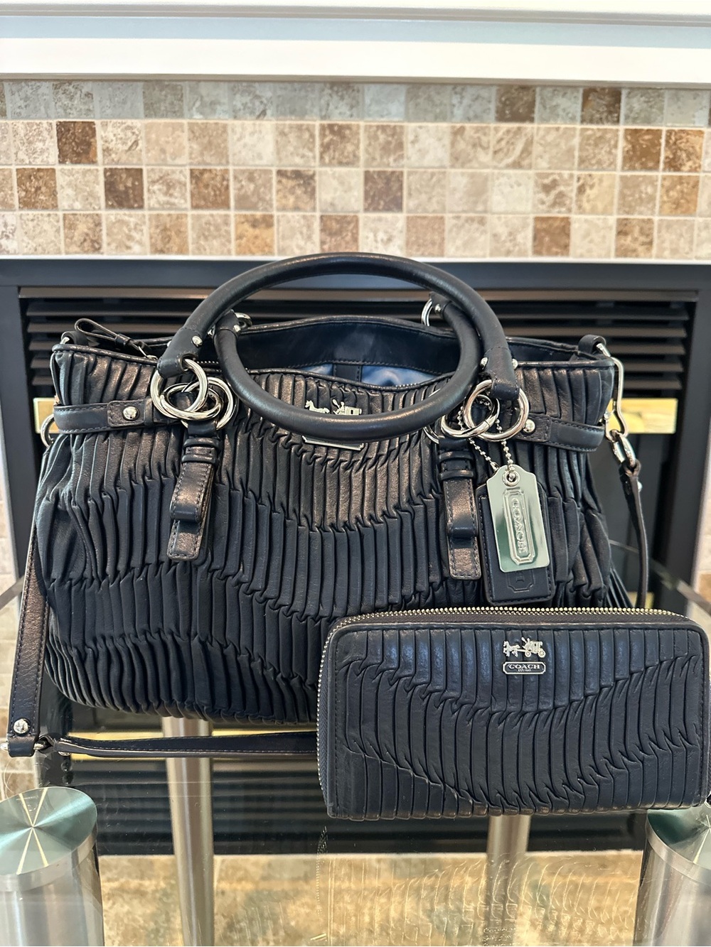 Coach Black Pleated Leather Satchel with Wallet Set